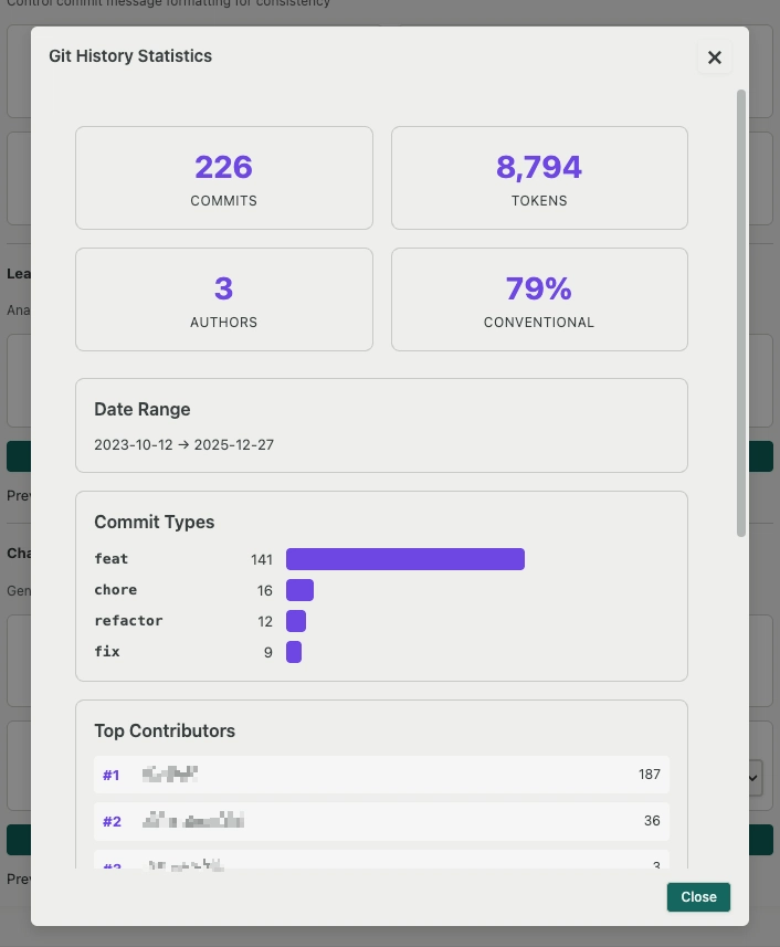 GitMind - Sample of git history statistic summary